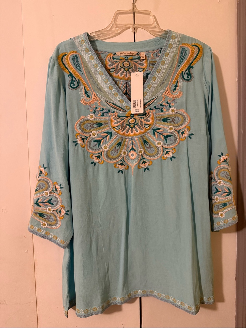 Soft Surroundings Aqua Embroidered V-Neck Tunic